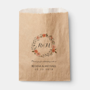 Rustic Brown Floral Wreath Monogram Wedding Party Favour Bags