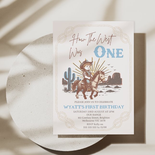 Rustic Brown Frame How West Was One 1st Birthday Invitation (How the West Was One Birthday Invitation Printable, Western Cowboy 1st Birthday Invitation Template)