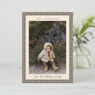 Rustic Brown Gingham Thanksgiving Family Photo Holiday Card