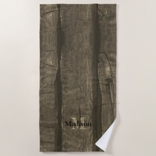 Rustic brown gold sepia old wood Monogram Beach Towel