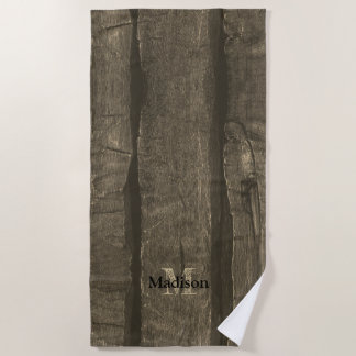 Rustic brown gold sepia old wood Monogram Beach Towel