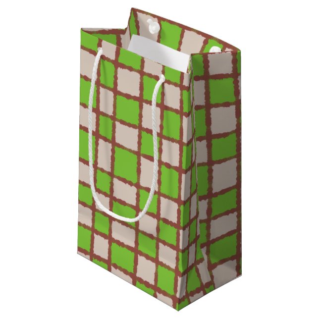 Rustic Brown Green Chequered Chequerboard Pattern Small Gift Bag (Front Angled)