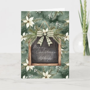 Rustic Brown Green Christmas Chalkboard Floral Bow Card