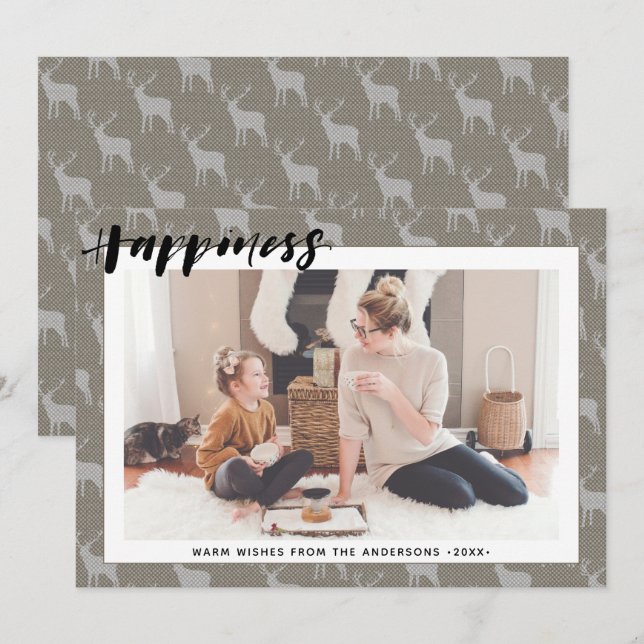 Rustic Brown Grey Burlap Simple Script HAPPINESS  Holiday Card (Front/Back)