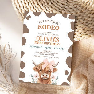 Rustic Brown Highland Cow First Rodeo 1st Birthday Invitation