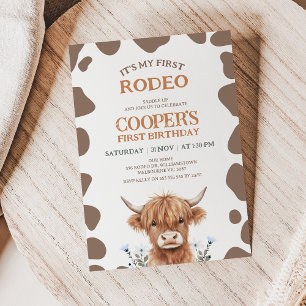 Rustic Brown Highland Cow First Rodeo Birthday Invitation