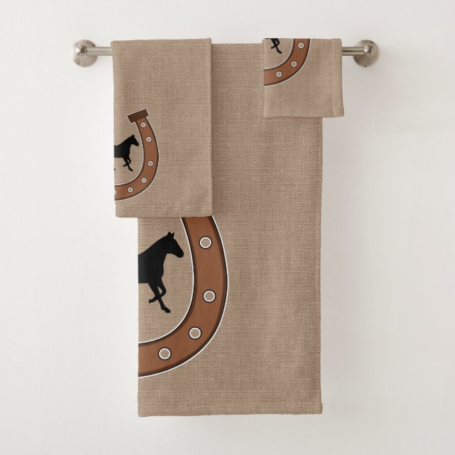 Rustic Brown Horseshoes and Black Horses Bath Towel Set (Insitu)