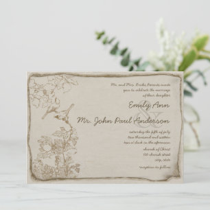 Rustic Brown Hues Vintage Love Birds Wedding Invitation