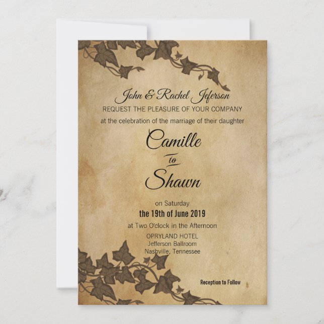 Rustic Brown Ivy Wedding Invitation (Front)