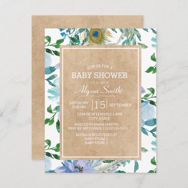 Rustic Brown Kraft Blue White Floral Baby Shower Invitation (Front/Back)