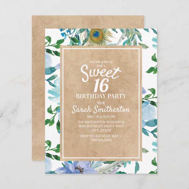 Rustic Brown Kraft Blue White Floral Sweet 16 Invitation (Front/Back)