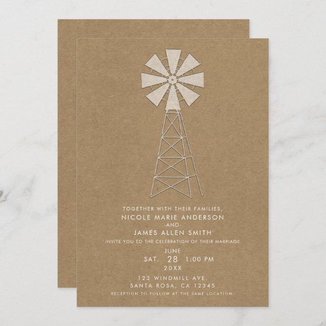 Rustic Brown Kraft Farm Windmill Modern Wedding Invitation (Front/Back)