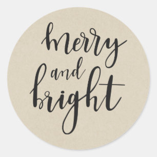 Rustic Brown Kraft Holiday MERRY & BRIGHT Favour Classic Round Sticker