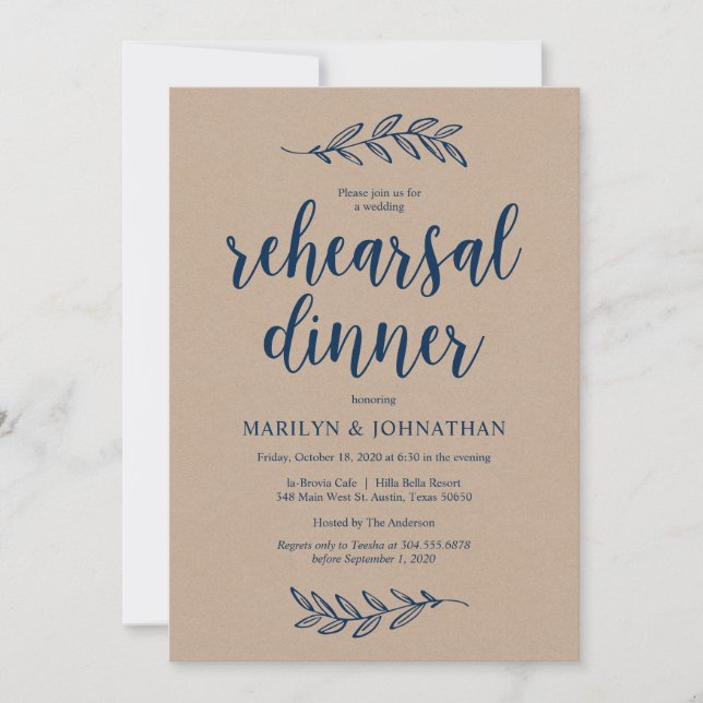 Rustic Brown Kraft, Rehearsal Dinner, Navy Blue Invitation (Front)