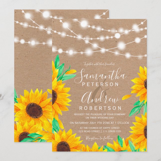 Rustic brown kraft string lights sunflower wedding invitation (Front/Back)