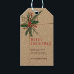 Rustic brown kraft twine mistletoe Christmas Gift Tags<br><div class="desc">Celebrate Christmas and the winter holiday season with this rustic brown kraft and twine,  floral in pink and red with pine branch,  mistletoe and holy Christmas illustration and modern script typography .</div>