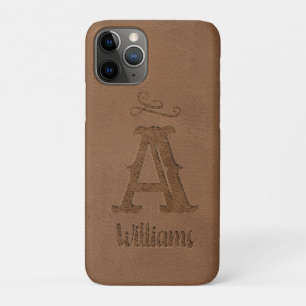 Rustic Brown Leather Custom Monogram Name Case-Mate iPhone Case