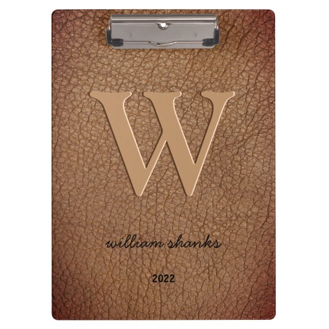 Rustic brown leather monogram stylish script name clipboard (Front)