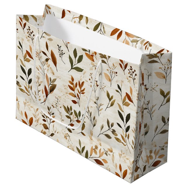 Rustic Brown Leaves on Cream Background Large Gift Bag (Front Angled)