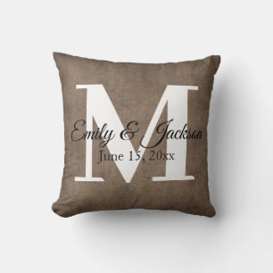 Rustic Brown Linen Monogram Family Name Wedding Cushion