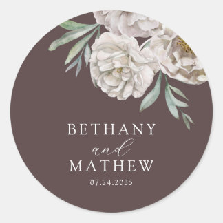 Rustic Brown & Off White Floral Wedding Classic Round Sticker