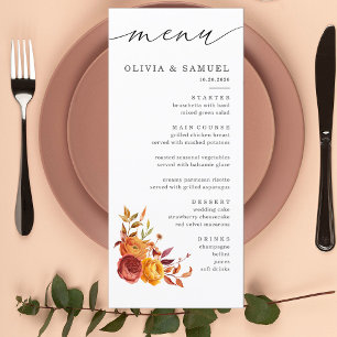 Rustic Brown Orange Floral Script Fall Wedding Menu