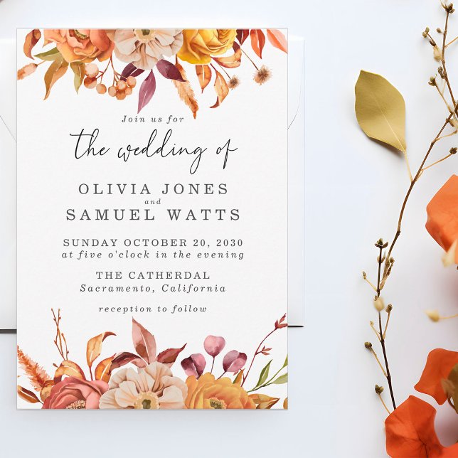 Rustic Brown Orange Gold Autumn Floral Wedding   Invitation (Creator Uploaded)