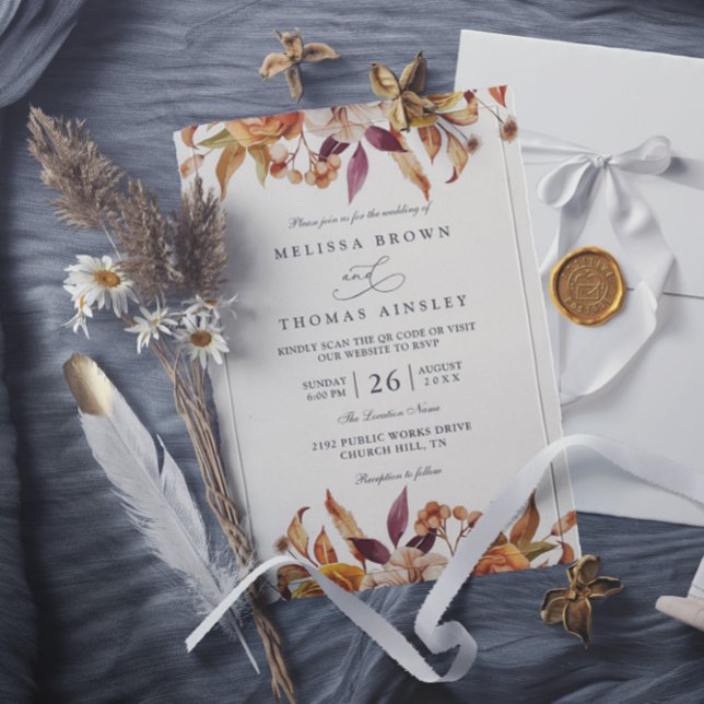Rustic Brown Orange Gold Floral QR Code Wedding Invitation (Creator Uploaded)