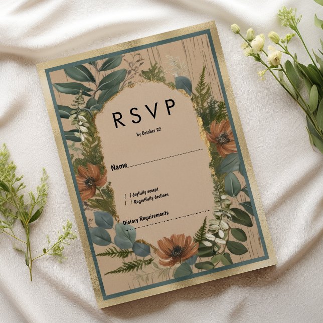 Rustic brown orange gold mint floral RSVP Invitation (Rustic brown orange gold mint floral RSVP)