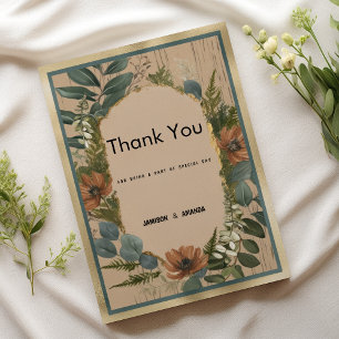 Rustic brown orange gold mint floral Thank You Invitation