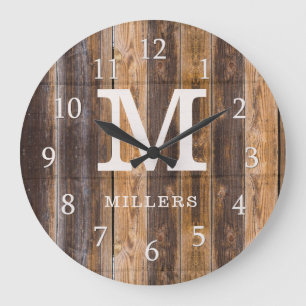 Rustic Brown Pallet Wood Family Name Monogrammed Large Clock