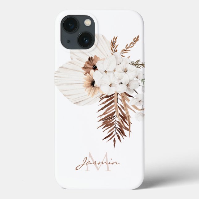 Rustic Brown Pampas Grass White Orchids Monogram Case-Mate iPhone Case (Back)