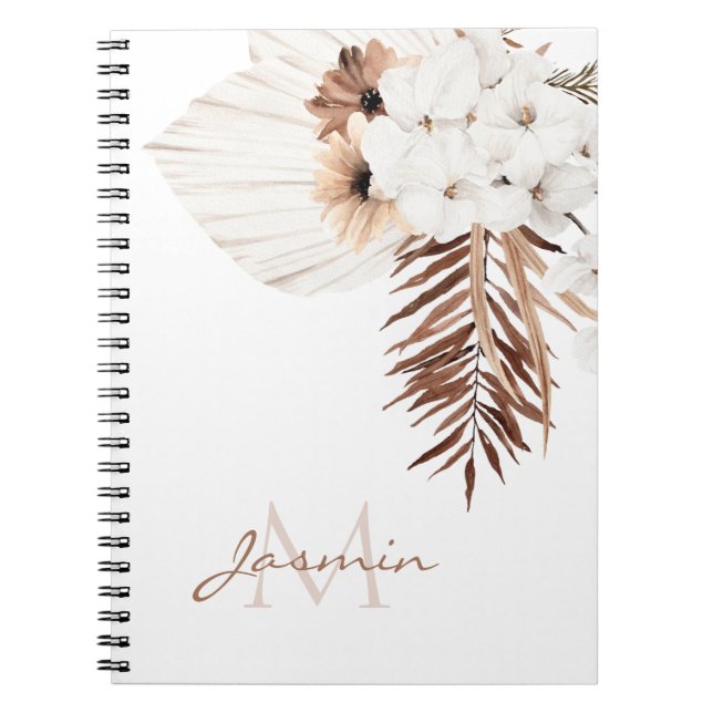 Rustic Brown Pampas Grass White Orchids Monogram Notebook (Front)