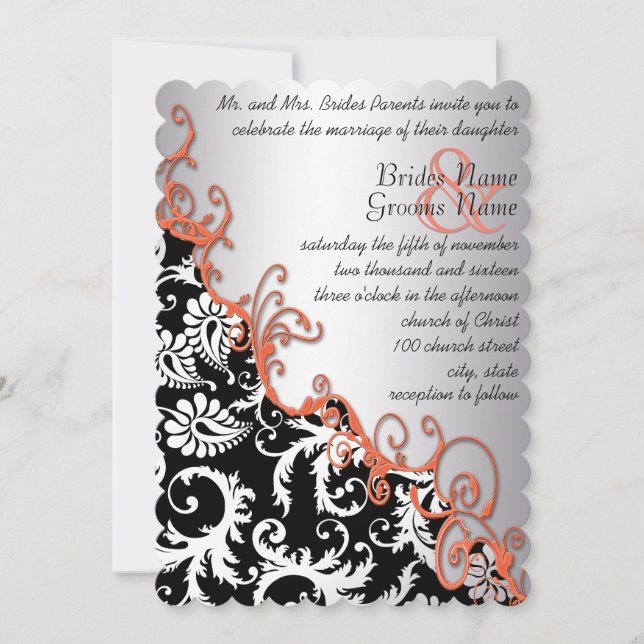Rustic Brown Paper Damask Tangerine Swirls Invitation (Front)