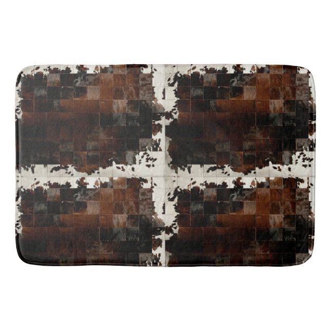 Rustic Brown Patchwork Cowhide Bath Mat (Front)