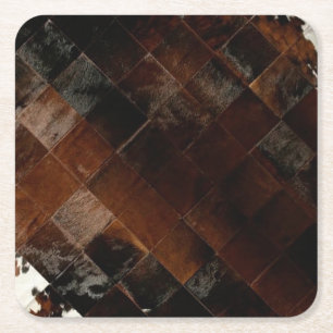 Rustic Brown Patchwork Cowhide Square Paper Coaster