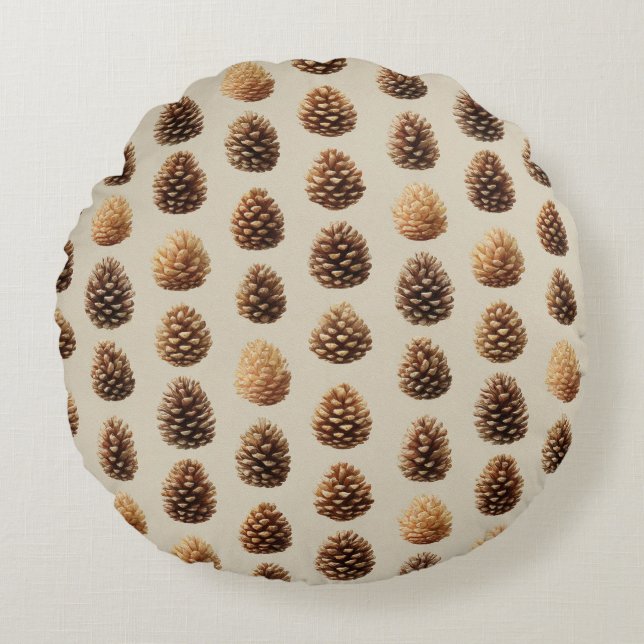 Rustic Brown Pine Cone Winter Pattern Round Cushion (Front)