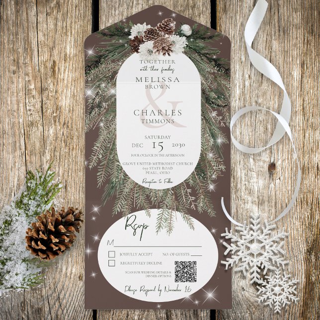 Rustic Brown Pine Winter Sparkle QR All In One Invitation (Also available without a QR code; with or without dinner selection options.)