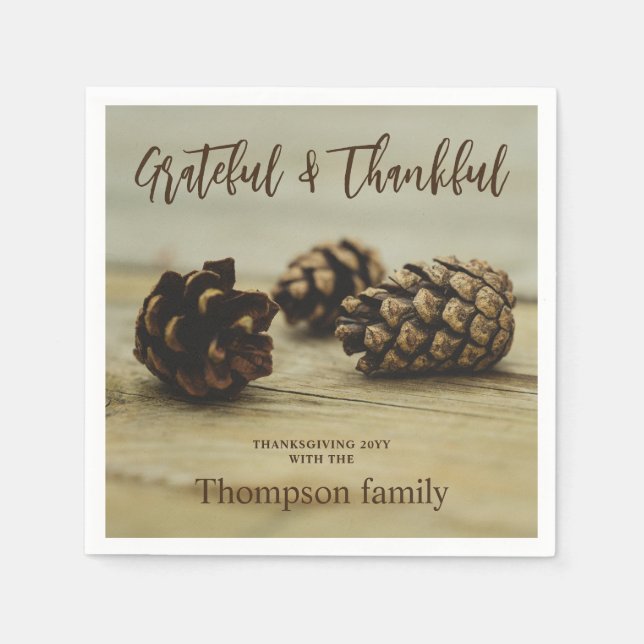 Rustic Brown Pinecones Custom Name Thanksgiving Napkin (Front)