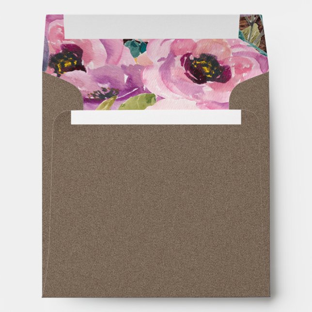 Rustic Brown Pink Floral Return Address Square Envelope (Back (Bottom))
