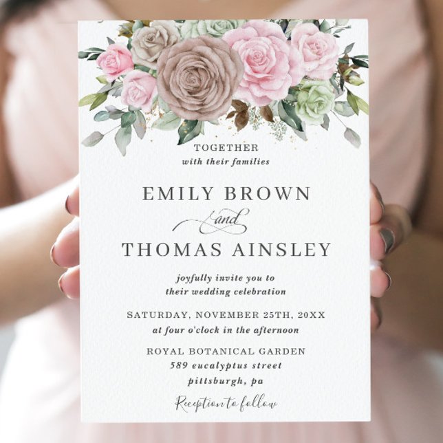 Rustic Brown Pink Sage Floral Greenery Wedding Invitation (Creator Uploaded)