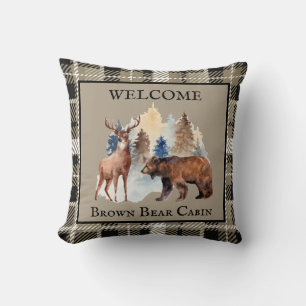 Rustic Brown Plaid Cabin Bear Decor Watercolor Cushion