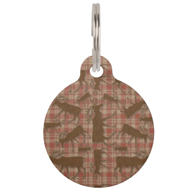 Rustic brown plaid moose large pet tag (Front)