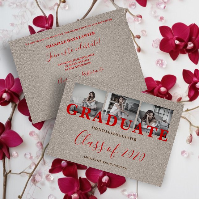 Rustic Brown & Red Modern 3 Photos Collage Grad (Rustic Brown & Red Modern 3 Photos Collage Graduation Linen Effect Invitation Card.)