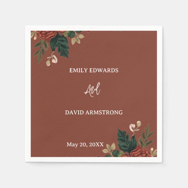 Rustic Brown Romantic Green Floral Wedding Napkins (Front)