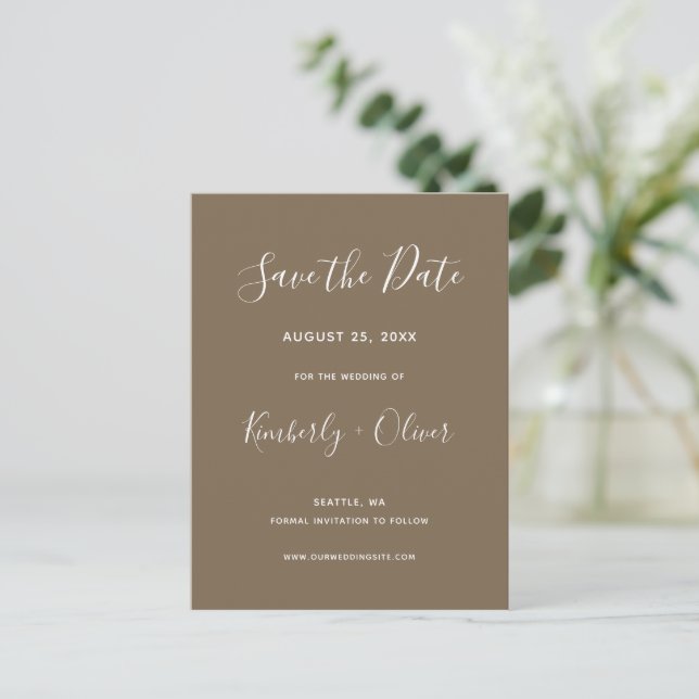 Rustic Brown Simple Calligraphy Save The Date Announcement Postcard (Standing Front)