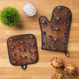 Rustic Brown Southwest Horses Cowboy Cowgirl Oven Mitt & Pot Holder Set
