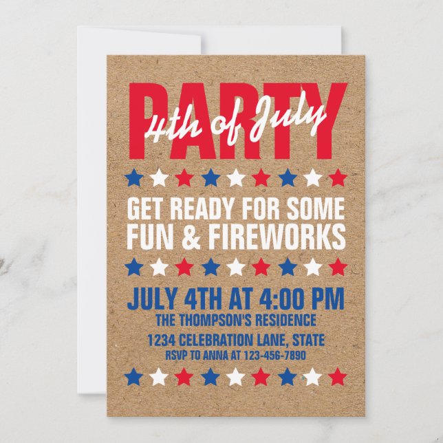 Rustic Brown Stamped Star 4th of July Party Invitation (Front)