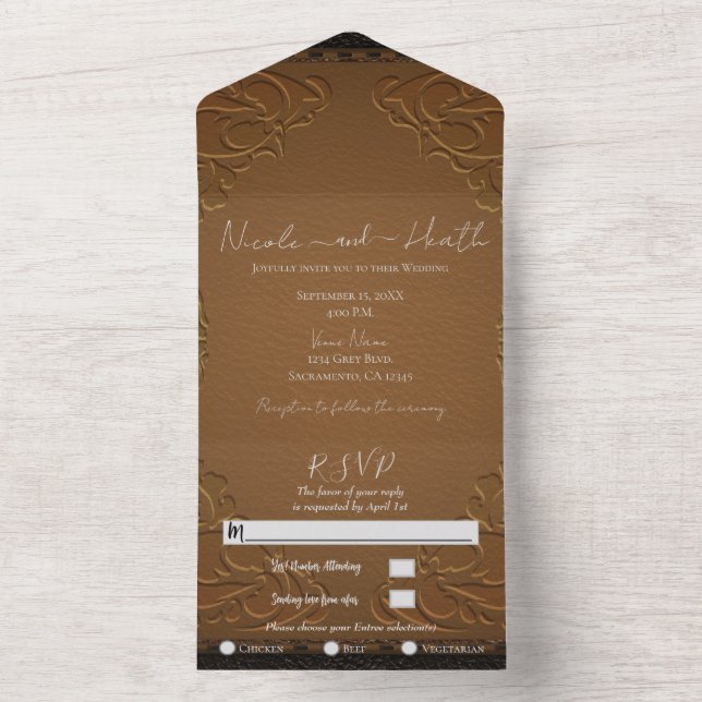 Rustic Brown Stitched Leather Photo Wedding   All In One Invitation (Inside)