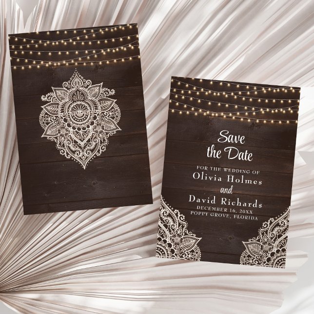 Rustic Brown String Light Save the Date Card (Rustic Brown String Light Save the Date Card on a sunny white dry palm leaf.)